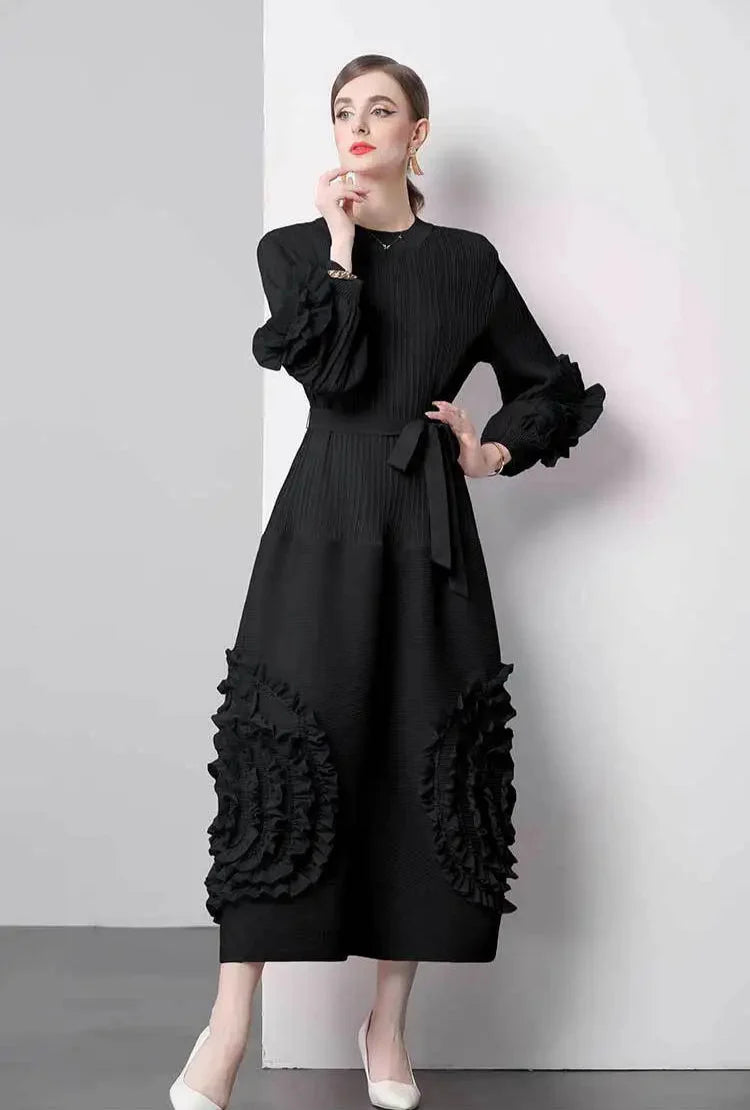 Plisse Floral Bubble Sleeve Dress