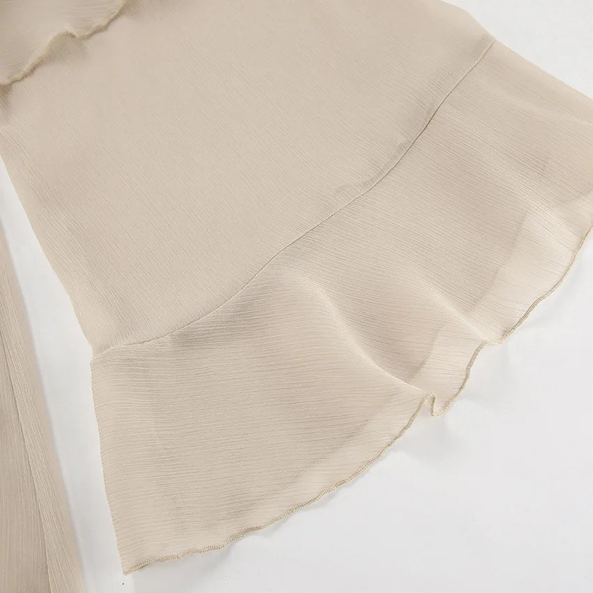 Luxe Sheer Beige Flowing Dress - Ruffled Long Sleeve