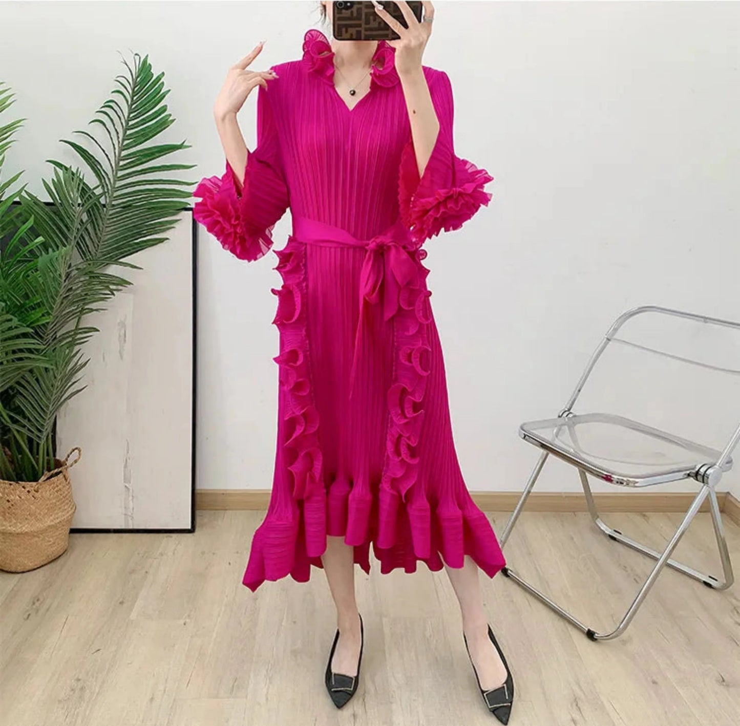 Pleated Ruffled Collar Dress