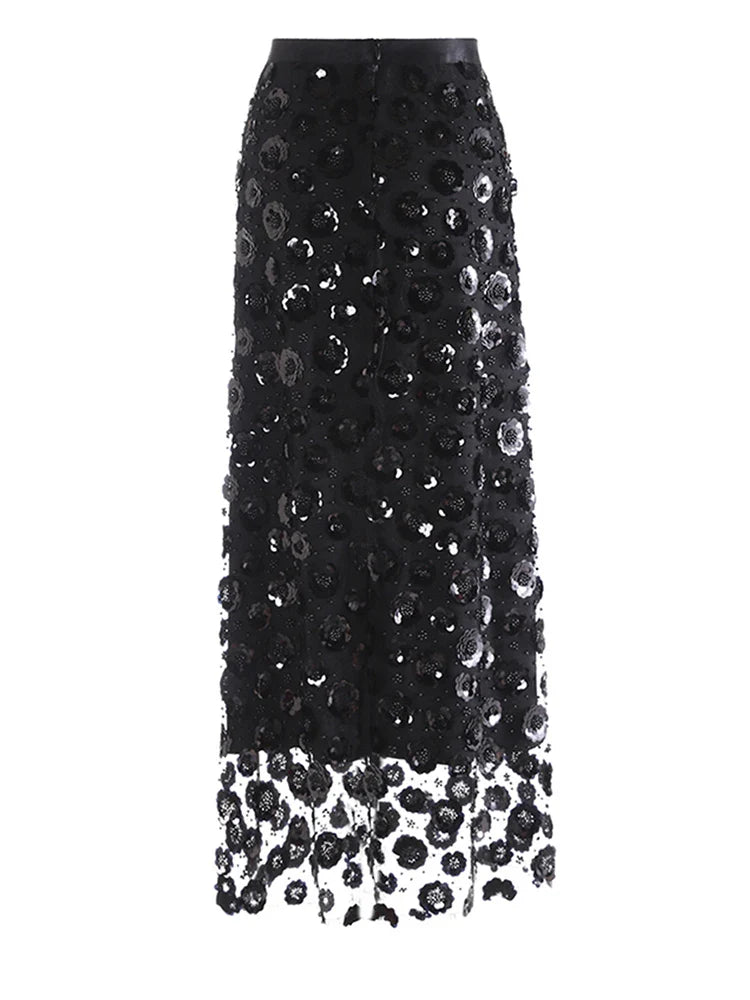 Elegant Floral Sequin Mesh Skirt
