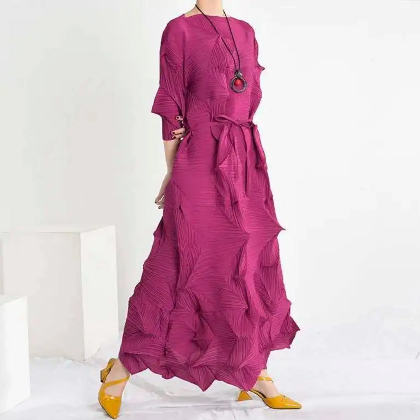 Plissé Geometric Midi Dress