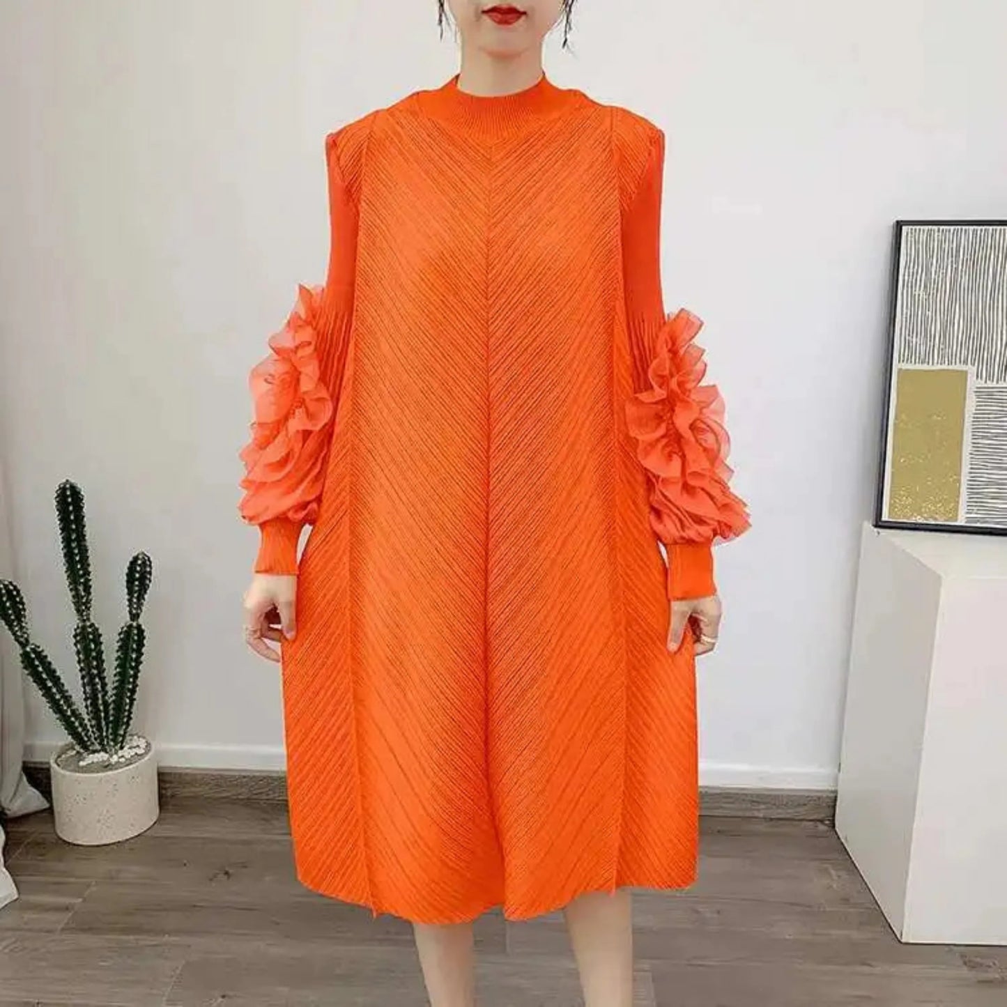 Luxury Pleated Floral Ruffle Dress