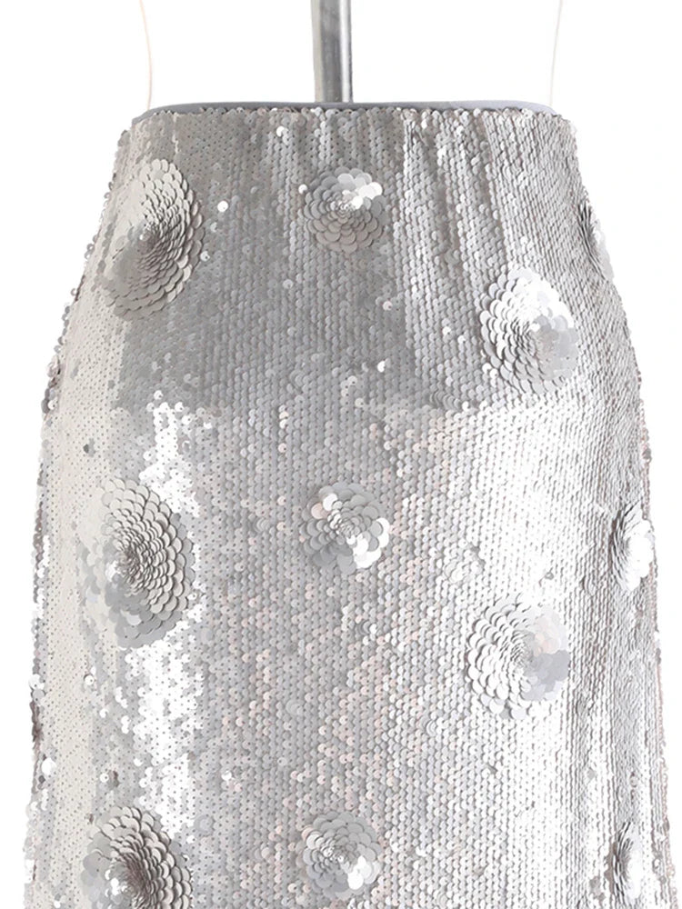 Luxury Silver Sequin Midi Skirt