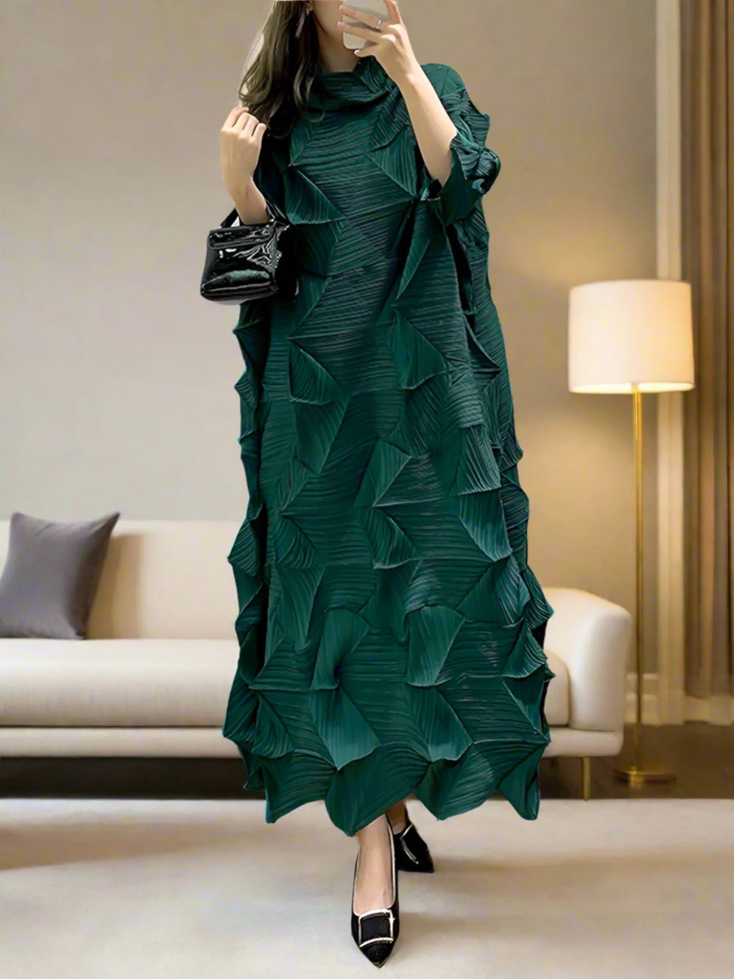 Premium Pleated Plissé Geometric Midi Dress