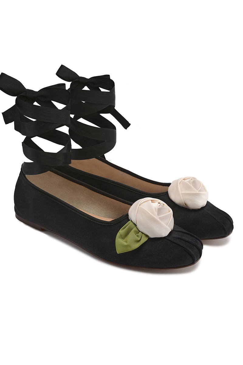 SATIN ROSE FLATS IN BLACK
