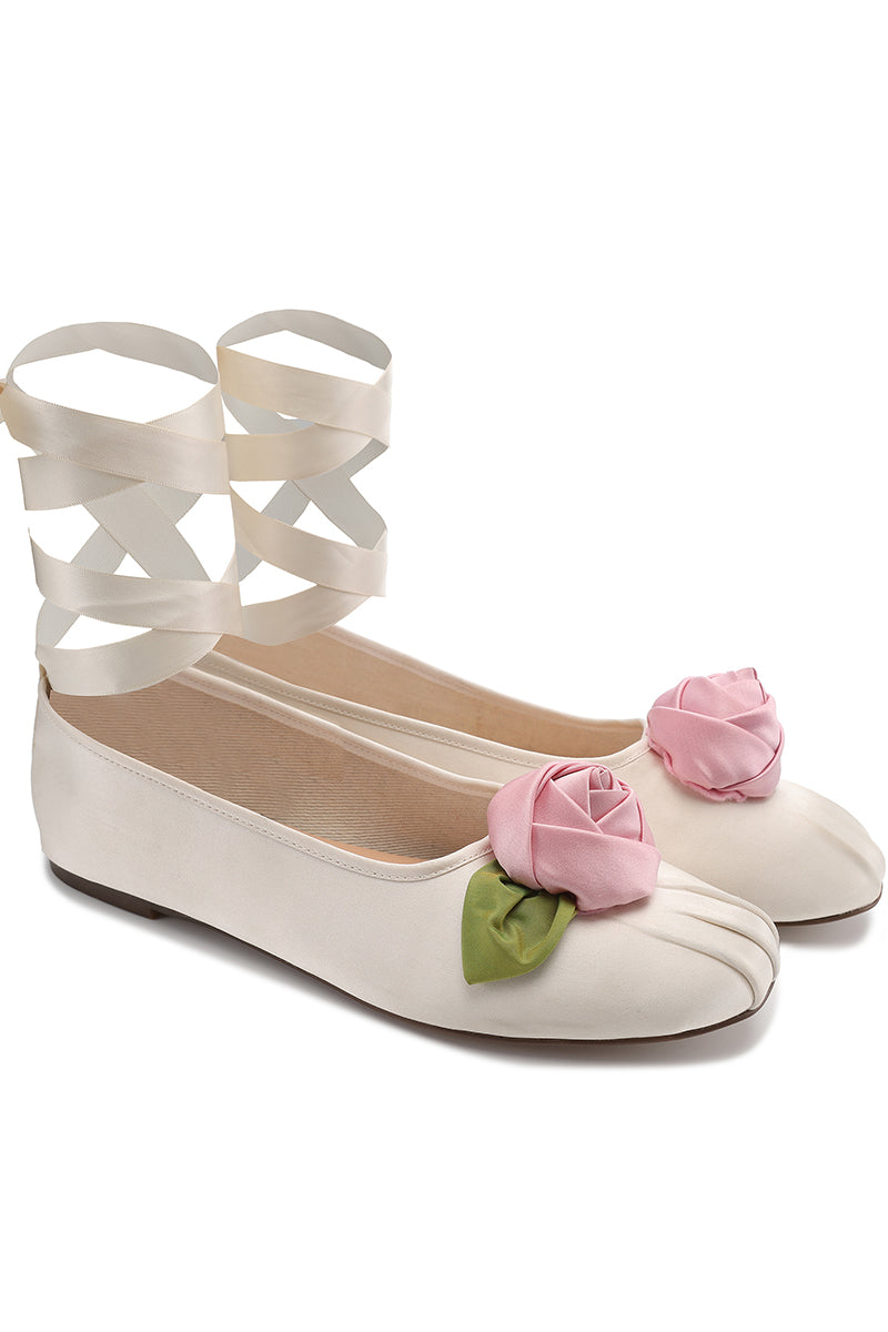SATIN ROSE FLATS IN IVORY