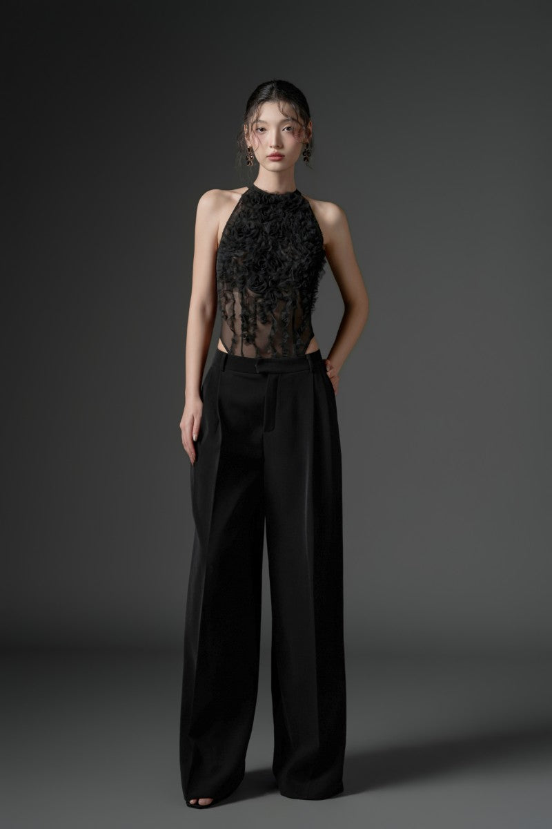 JAMBARI TULLE RUFFLES TOP & MAJMAT CREPE STRAIGHT PANTS IN BLACK