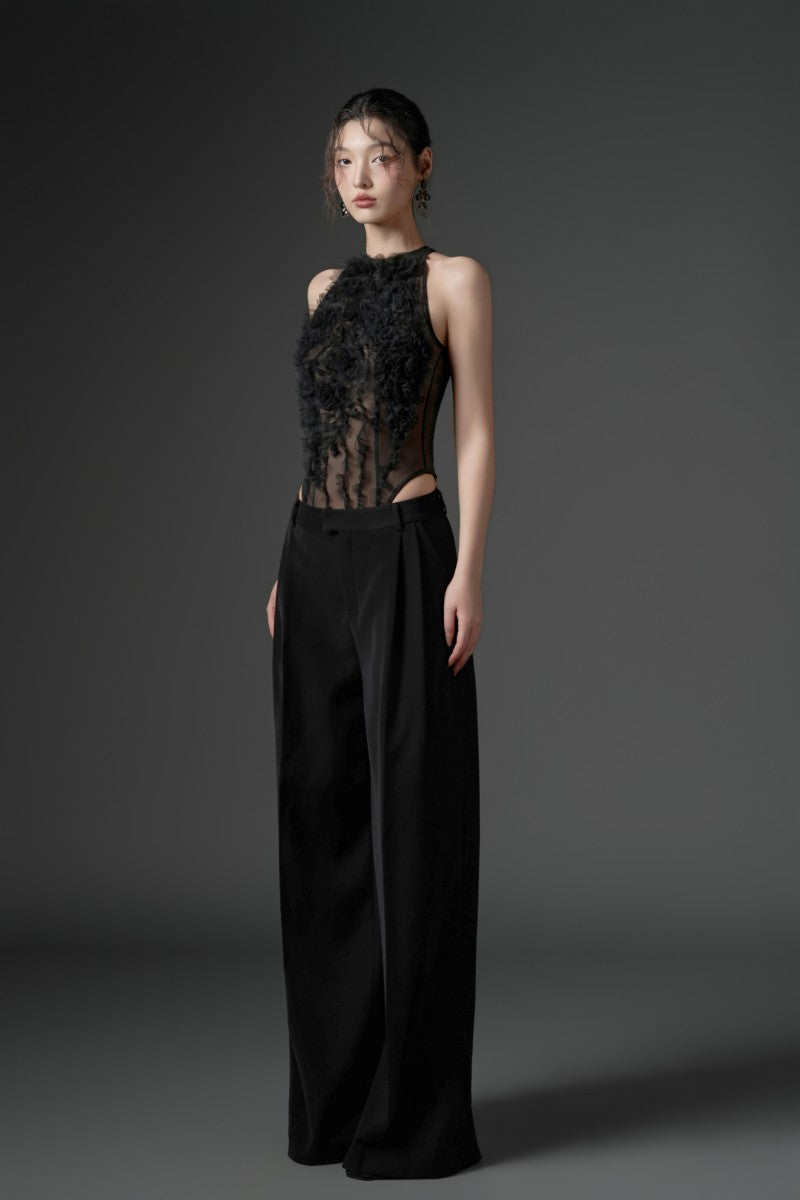 JAMBARI TULLE RUFFLES TOP & MAJMAT CREPE STRAIGHT PANTS IN BLACK