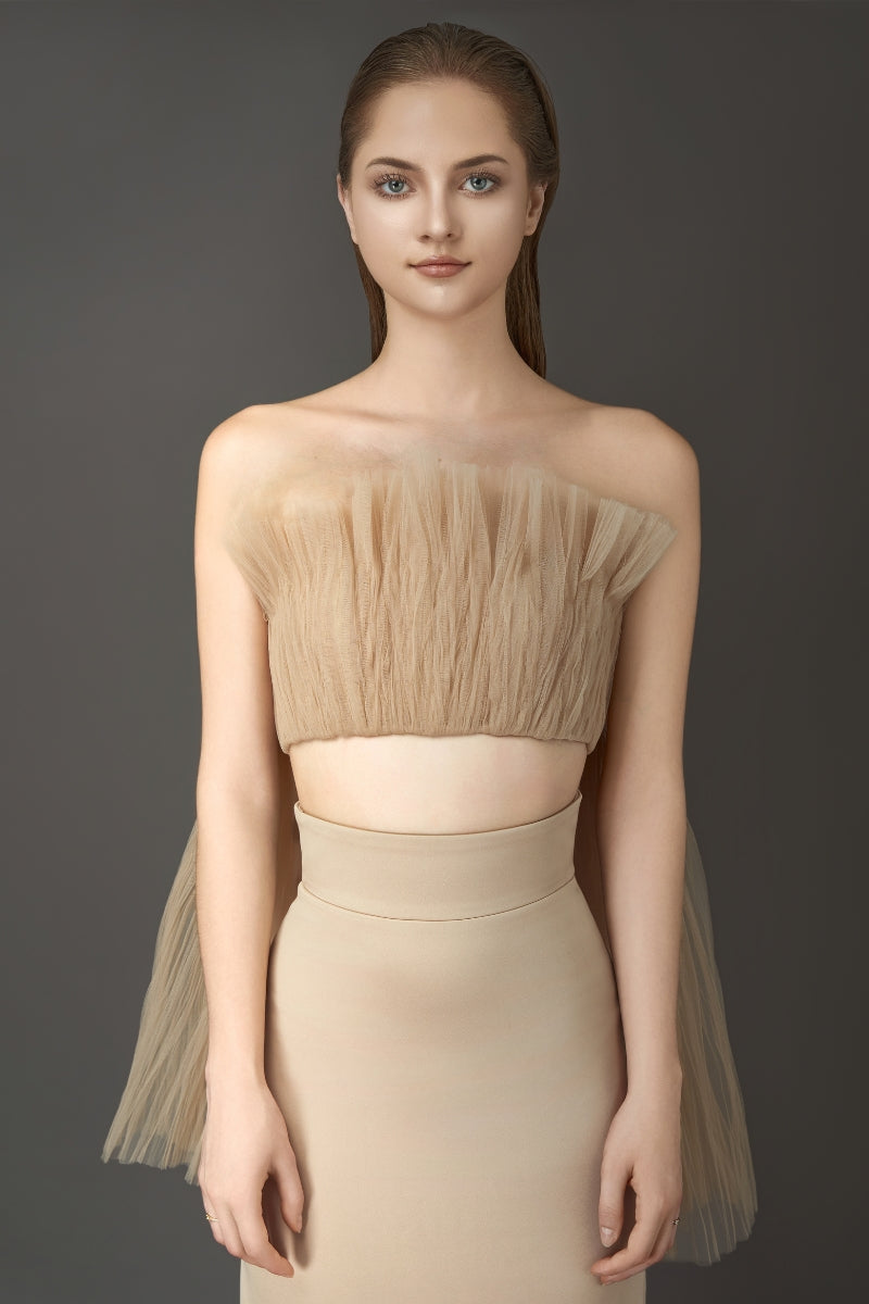 NUDE PLEATED TOP AND PENCIL SKIRT SET