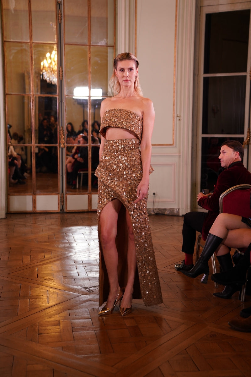 GOLDEN-BROWN 2-PIECE TWEED DRESS