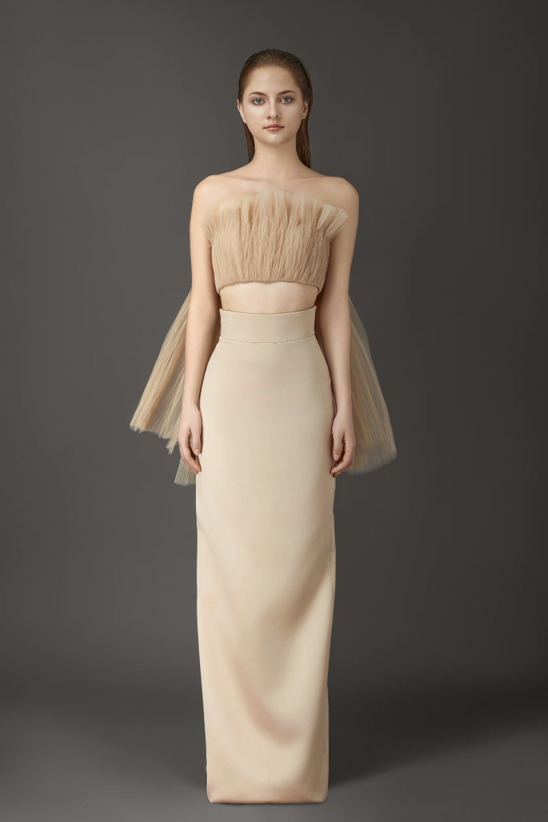 NUDE PLEATED TOP AND PENCIL SKIRT SET