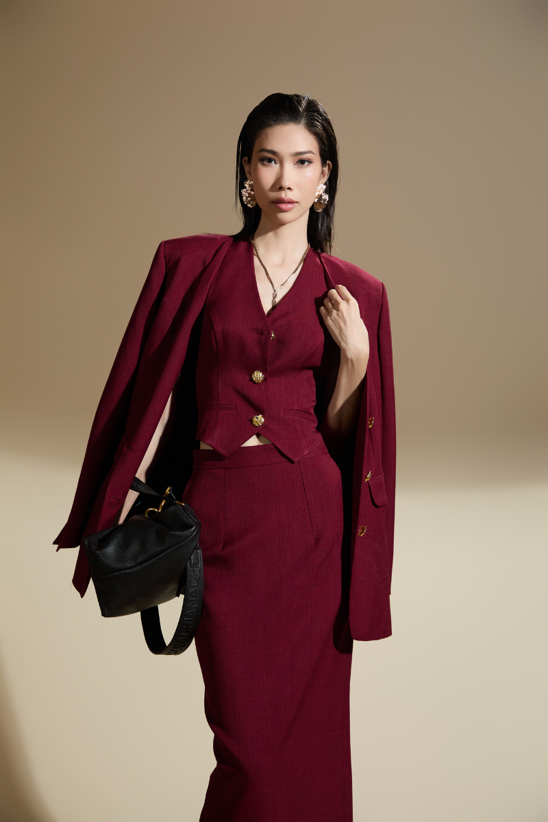 NORA STRAIGHT LAPELLESS COTTON BLEND VEST AND SKIRT SET