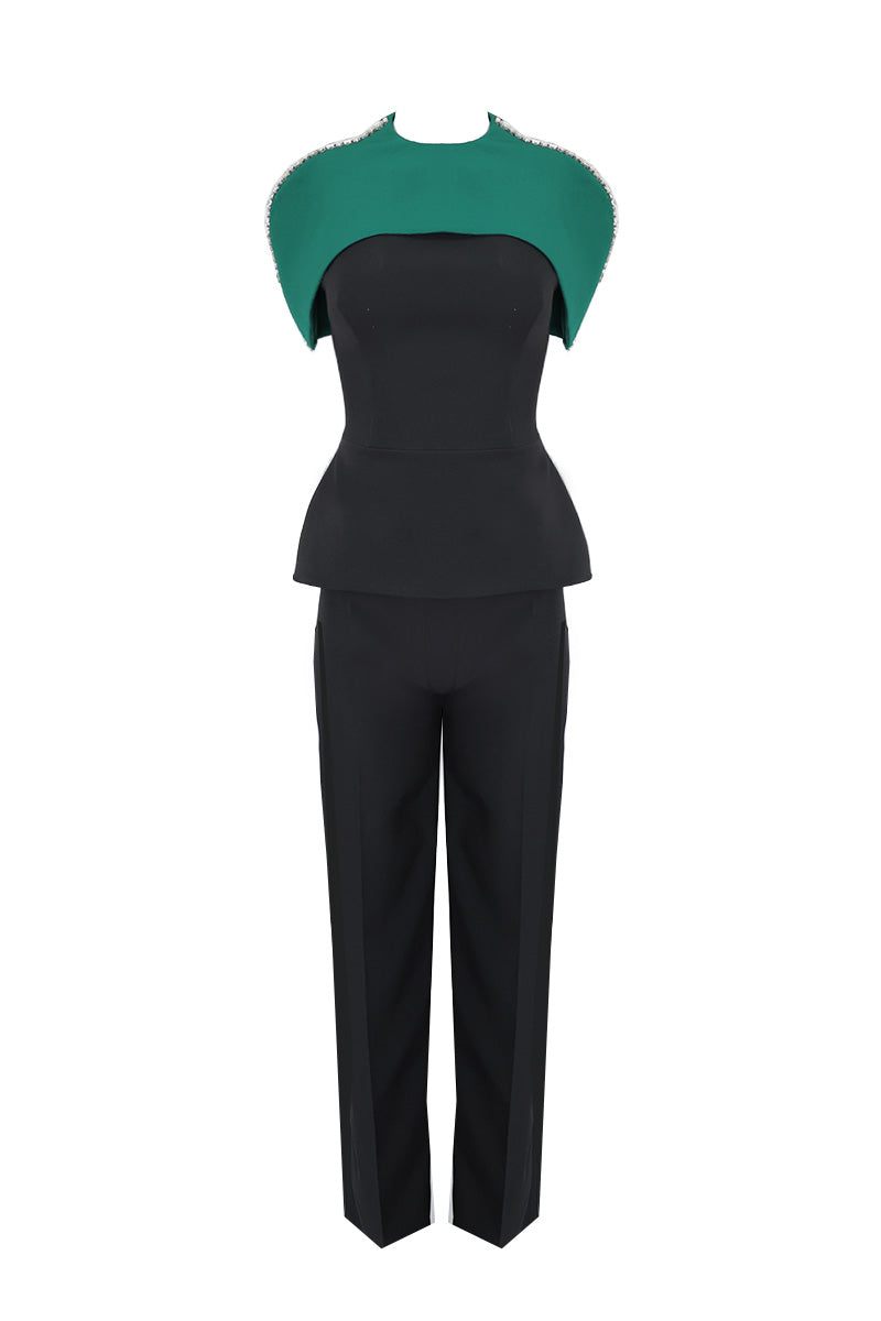 TOP AND PANTS SET WITH DETACHABLE EMERALD CAPE IN MIDNIGHT BLACK
