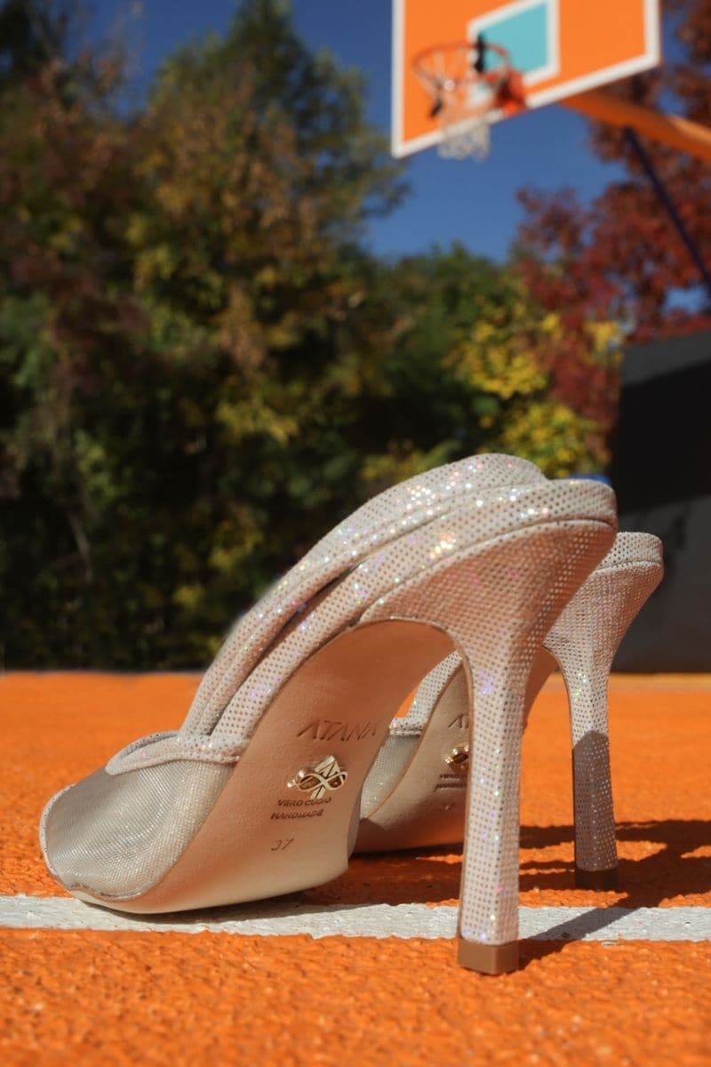 DISCO SUEDE MESH SLING HEELS