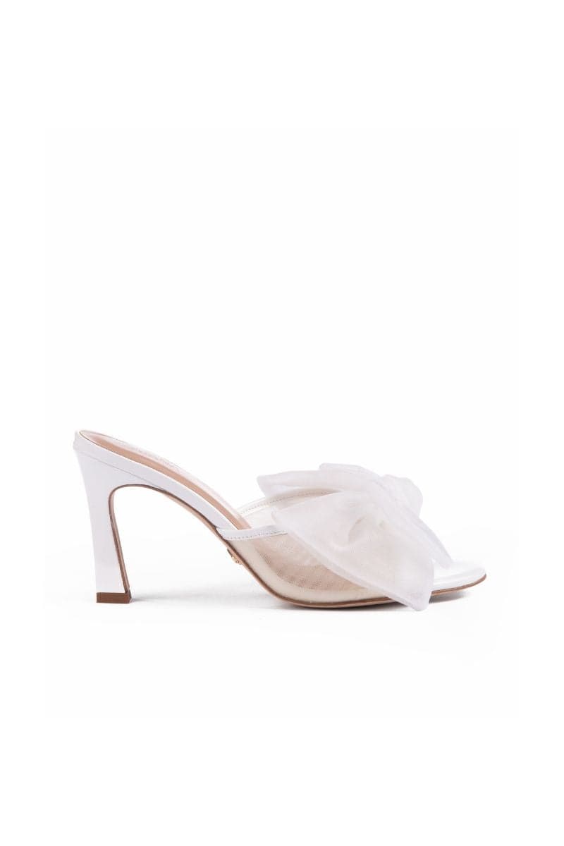 WHITE PATENT BOW MULES