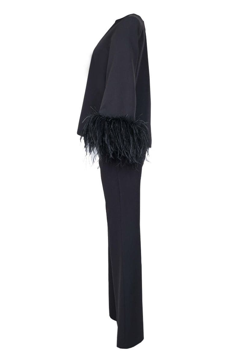 EMBELLISHED FEATHER RELAXED TOP AND PANTS SET