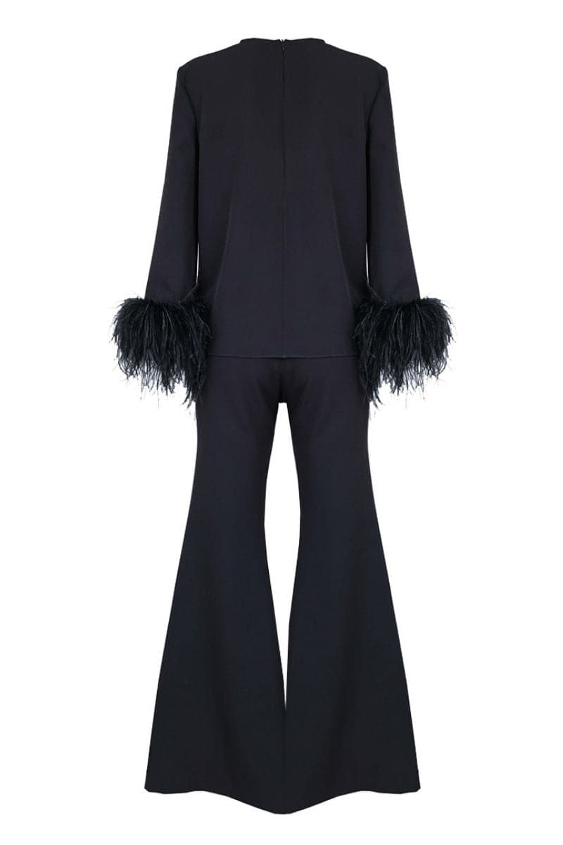 EMBELLISHED FEATHER RELAXED TOP AND PANTS SET