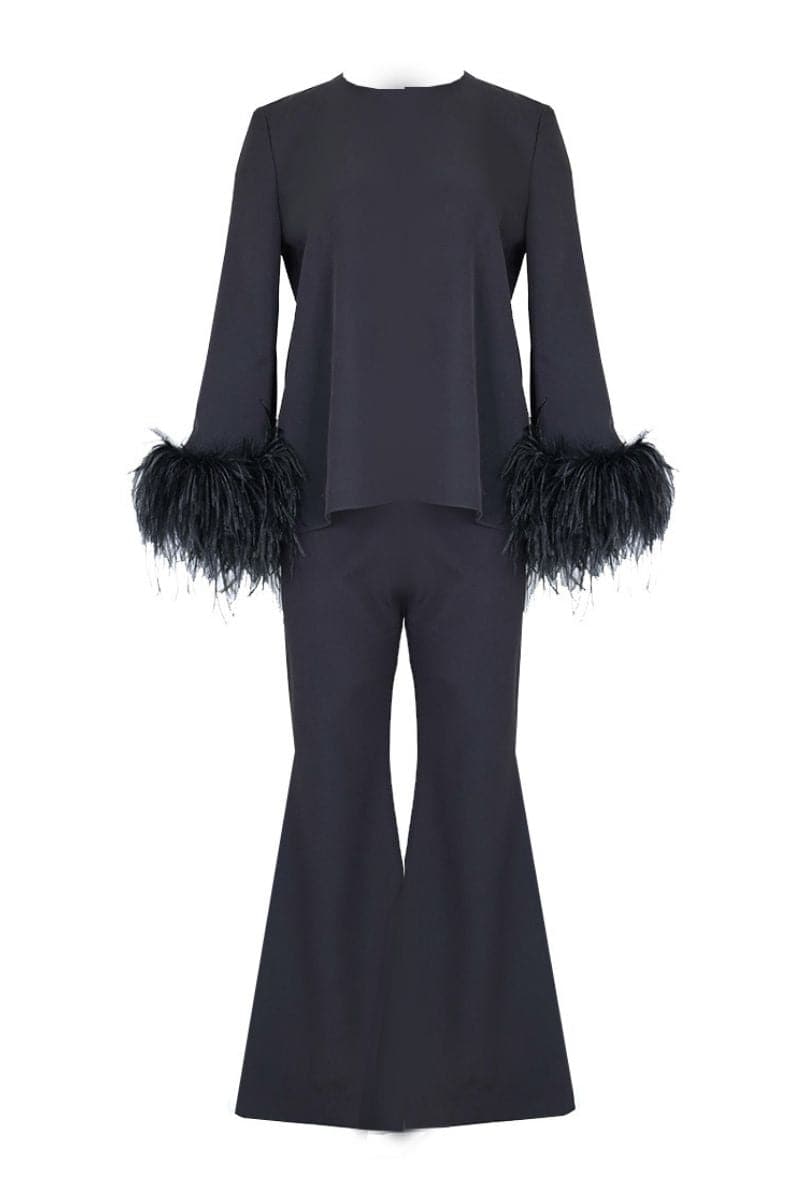 EMBELLISHED FEATHER RELAXED TOP AND PANTS SET