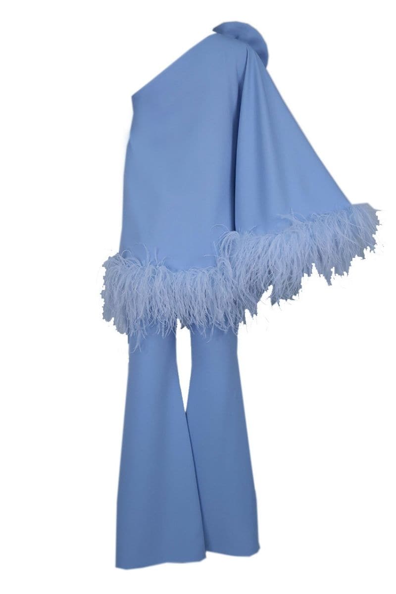 FEATHERED FLORAL ONE-SHOULDER TOP AND PANTS SET