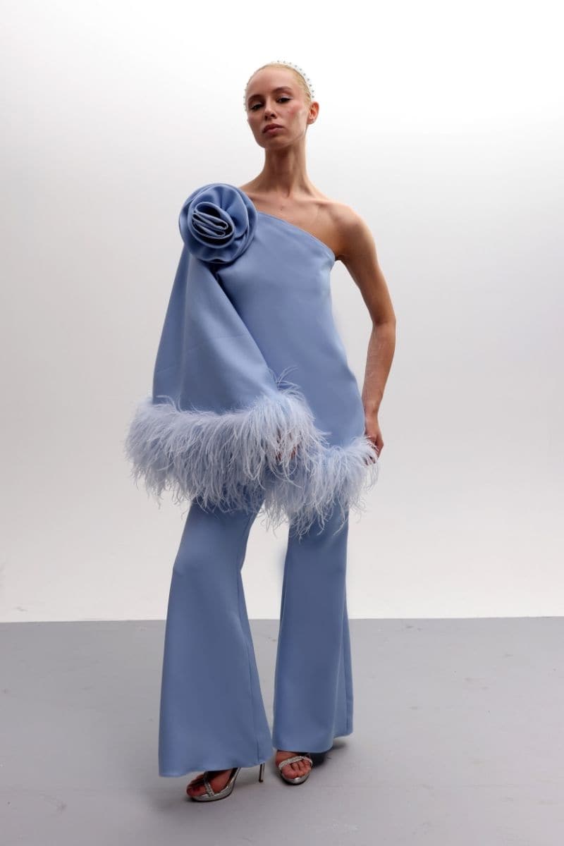 FEATHERED FLORAL ONE-SHOULDER TOP AND PANTS SET