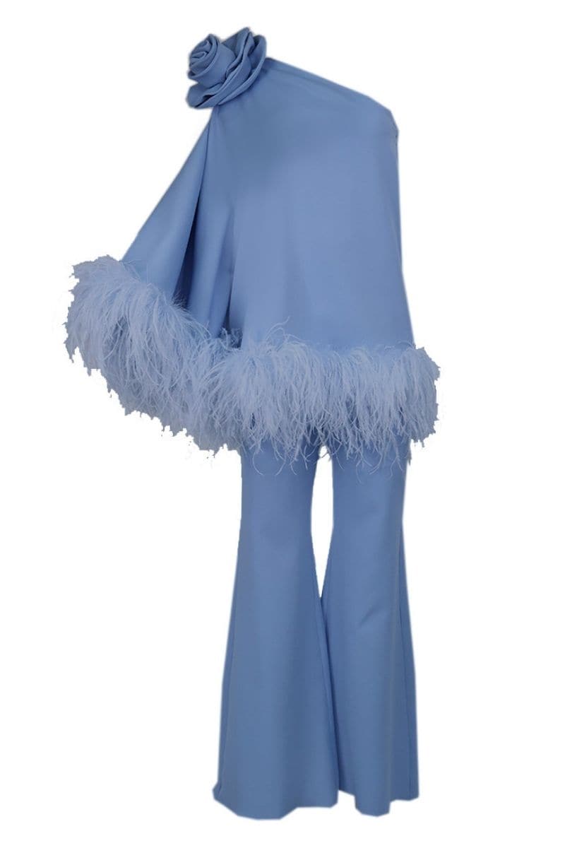 FEATHERED FLORAL ONE-SHOULDER TOP AND PANTS SET