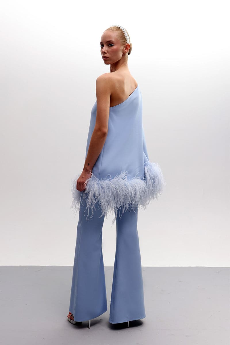 FEATHERED FLORAL ONE-SHOULDER TOP AND PANTS SET