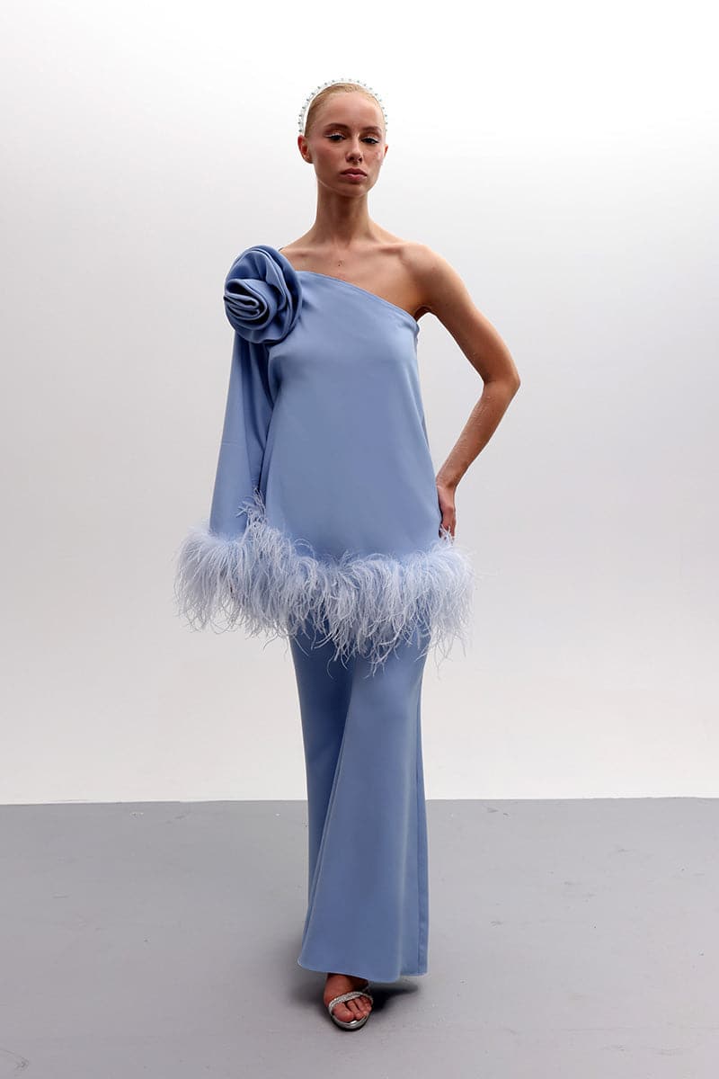 FEATHERED FLORAL ONE-SHOULDER TOP AND PANTS SET
