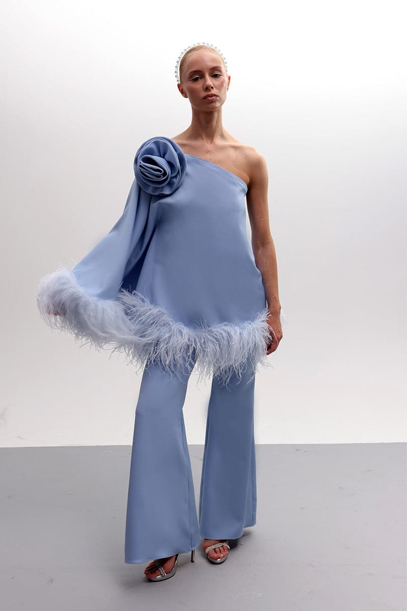 FEATHERED FLORAL ONE-SHOULDER TOP AND PANTS SET