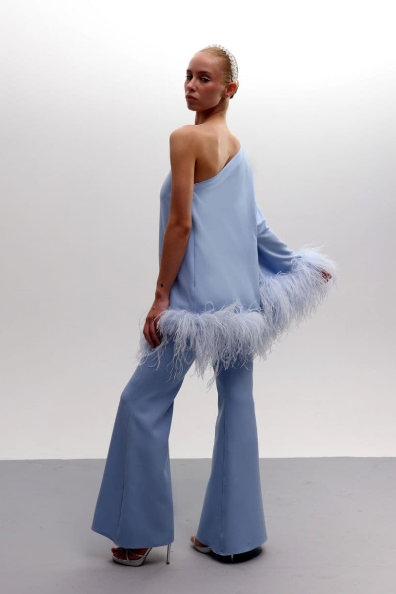 FEATHERED FLORAL ONE-SHOULDER TOP AND PANTS SET