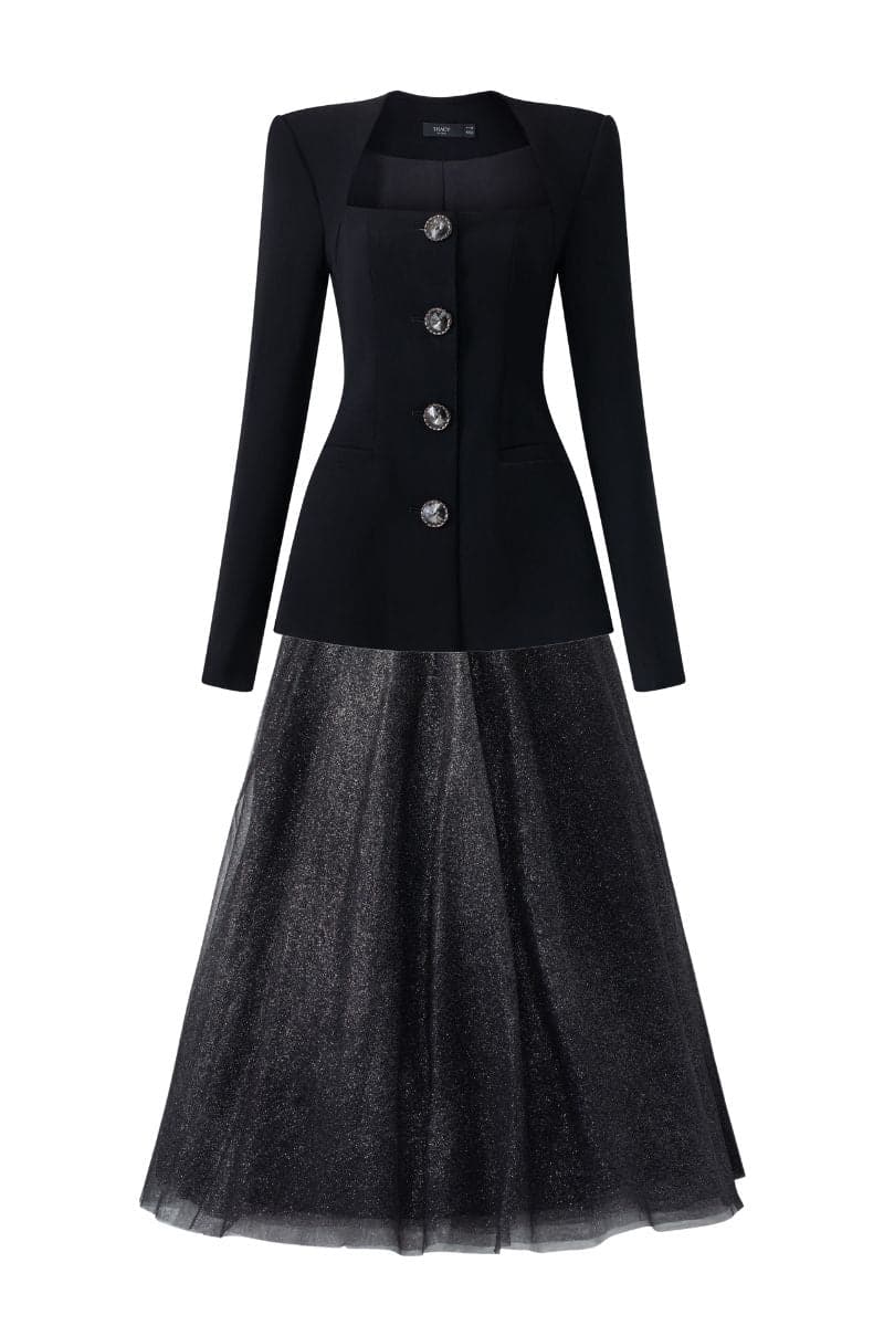 BLACK LONG SLEEVE TRAPEZOID NECKLINE BLAZER AND SKIRT SET