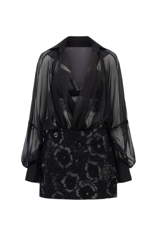 EDANA BLACK SILK PLEATED TOP AND SKIRT SET