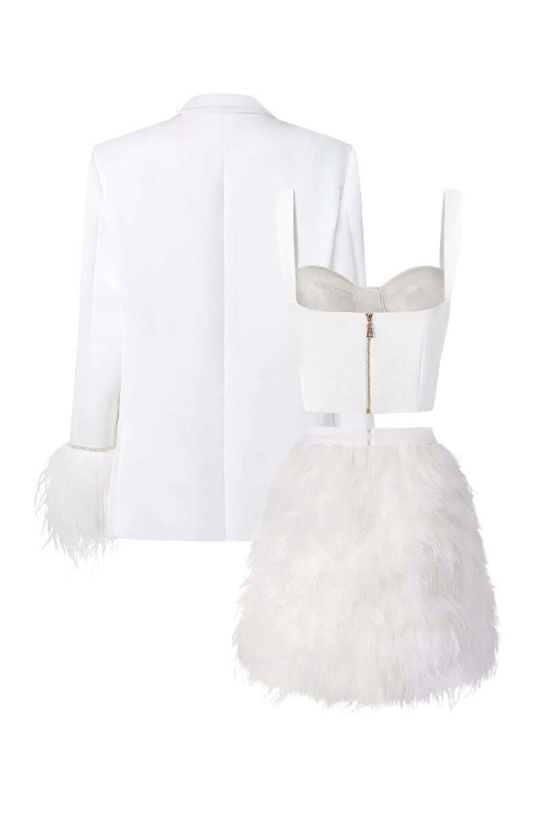 WHITE KIERA TAFFETA FEATHER BLAZER SET