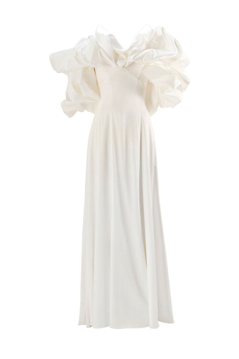 MINIMALISTIC SIMPLE GOWN WITH REMOVABLE MERINGUE FLOUNCES TRAIN