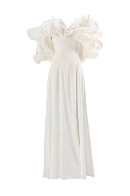 MINIMALISTIC SIMPLE GOWN WITH REMOVABLE MERINGUE FLOUNCES TRAIN