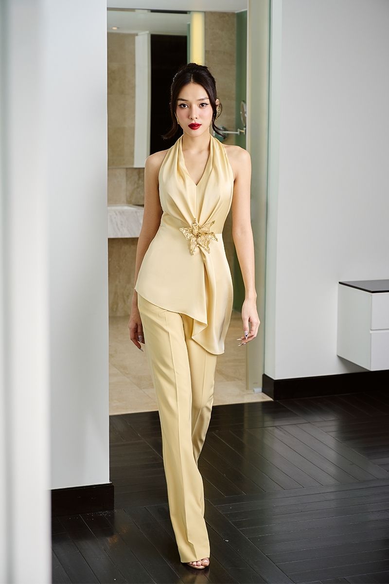 YELLOW HANDMADE FLOWER TOP AND PANTS SET