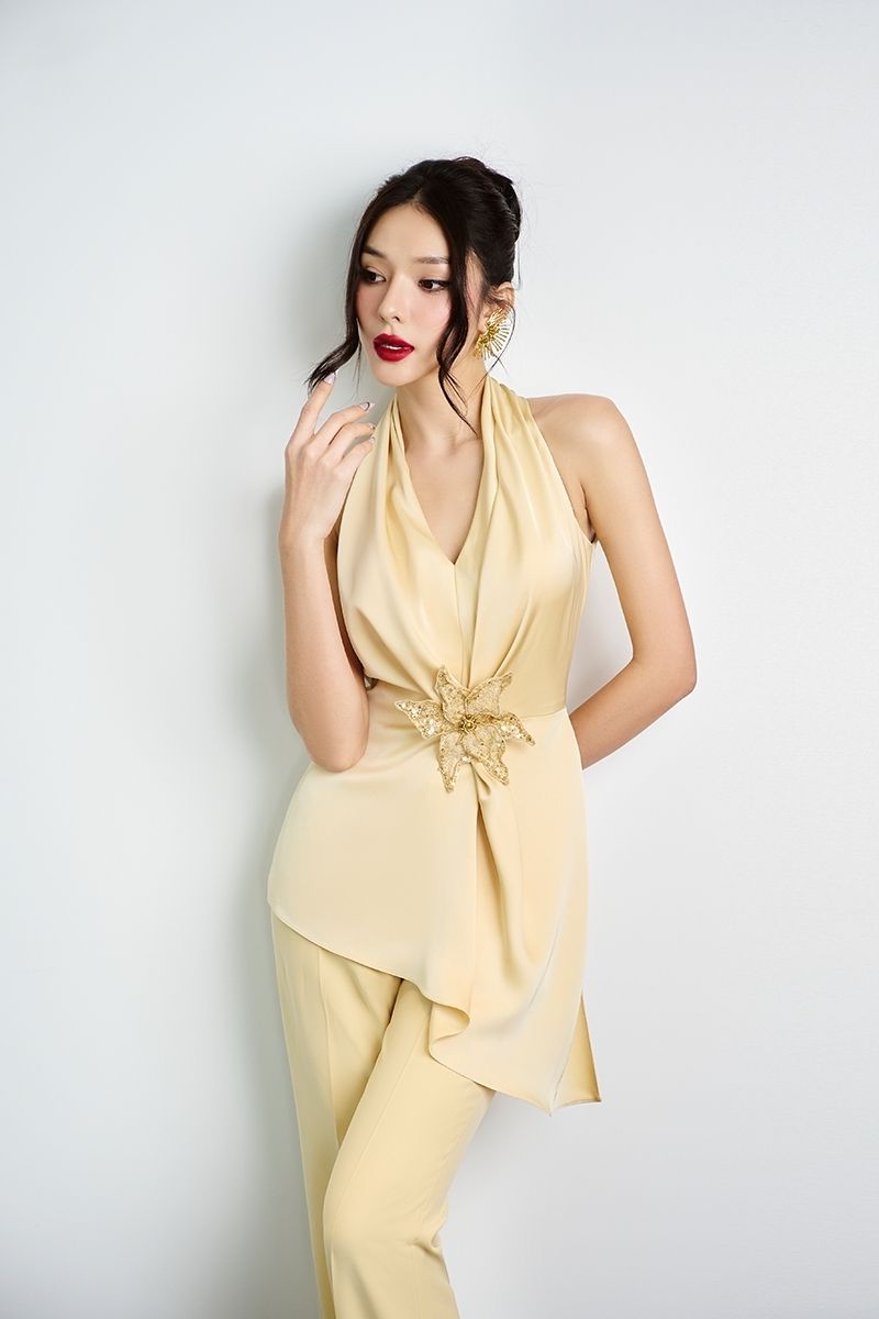YELLOW HANDMADE FLOWER TOP AND PANTS SET