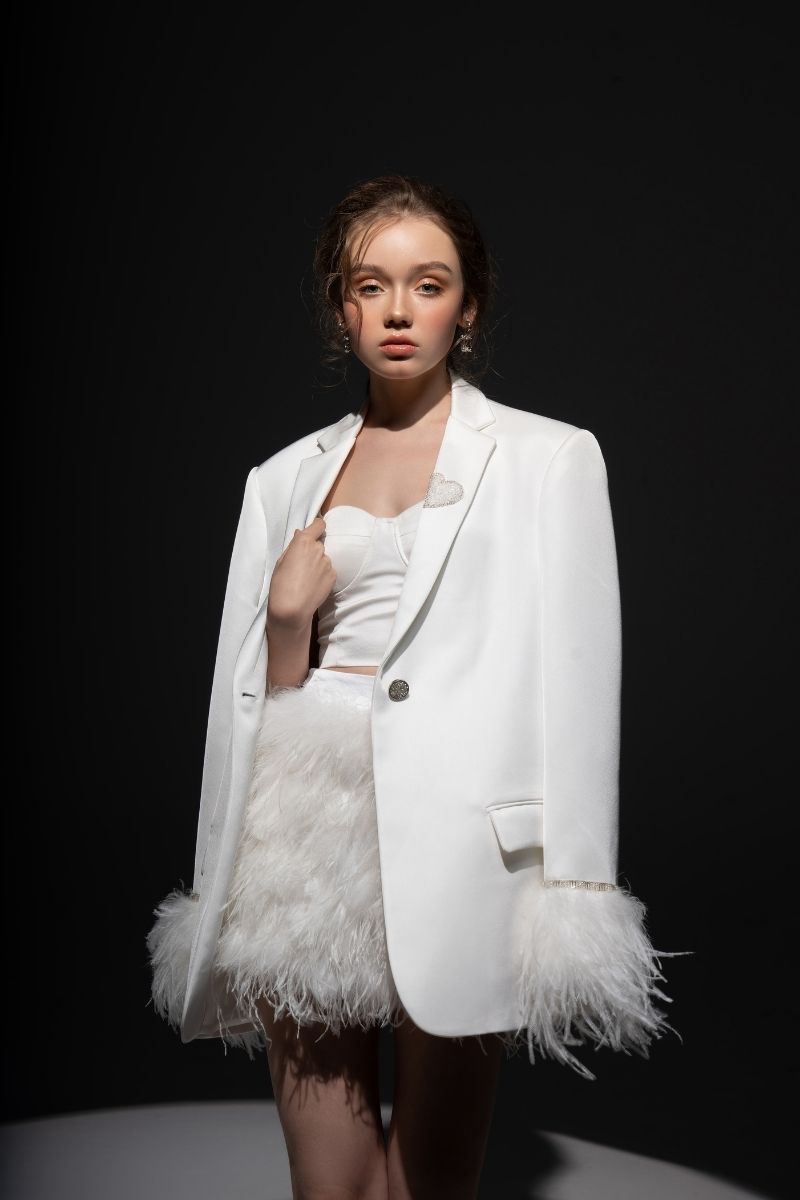 WHITE KIERA TAFFETA FEATHER BLAZER SET