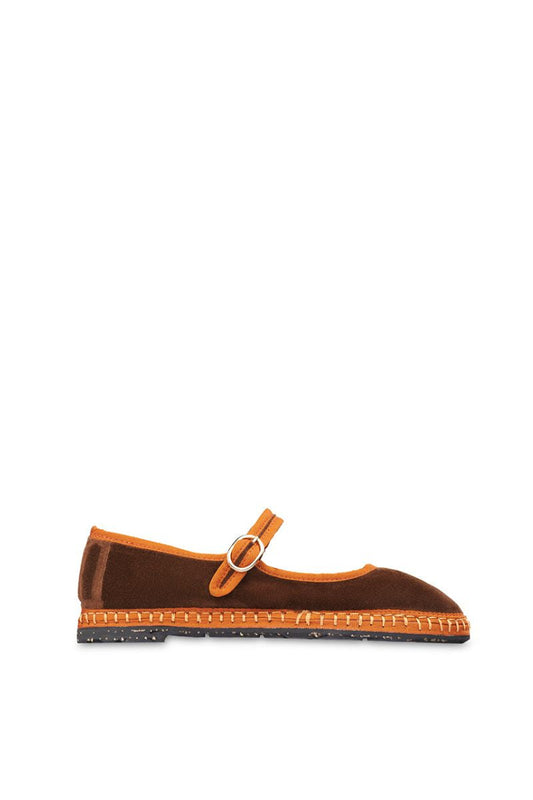 FRIDA MARY JANE VELVET IN BROWN WITH LIGHT BROWN PIPING