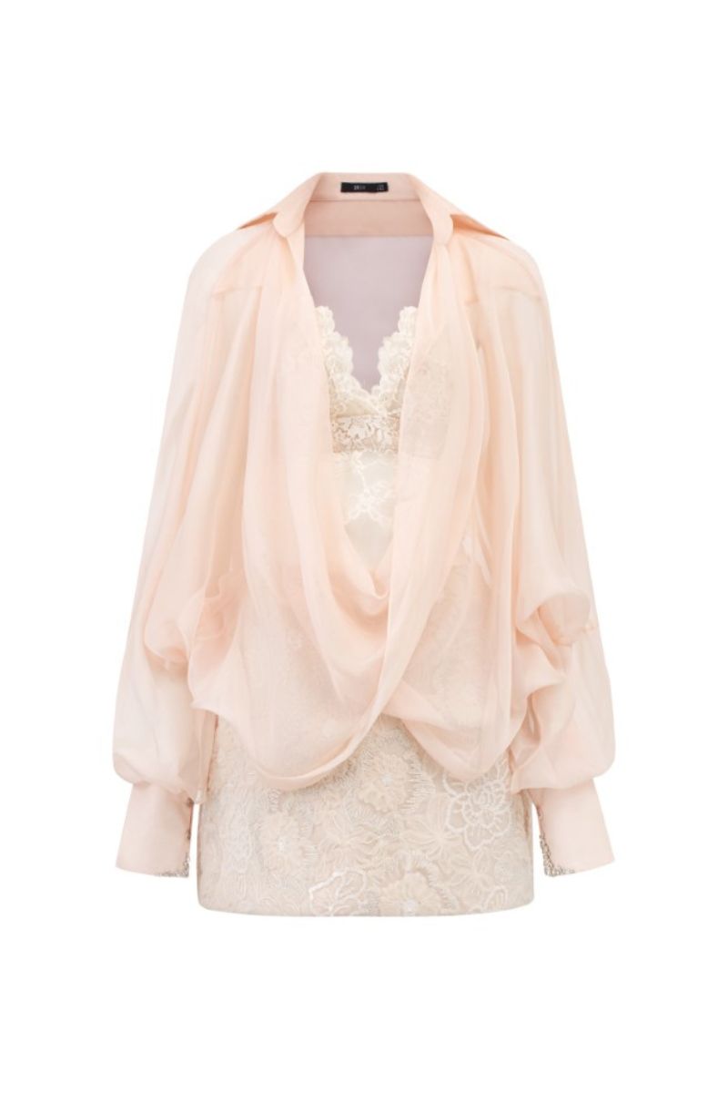 EDANA BEIGE SILK PLEATED TOP AND SKIRT SET