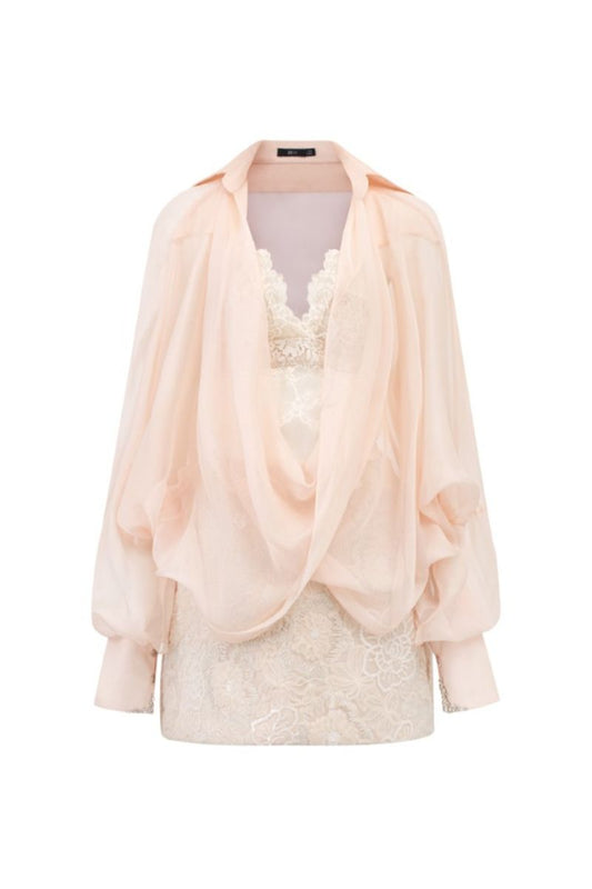 EDANA BEIGE SILK PLEATED TOP AND SKIRT SET