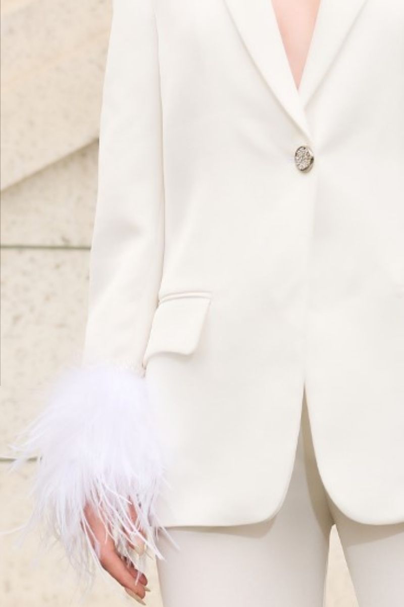 WHITE KELLY TAFFETA FEATHER SUIT JACKET AND PANTS SET