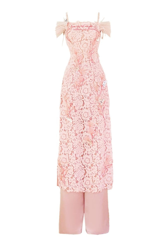 PINK LACE AO DAI CO-ORD WITH FEATHERS