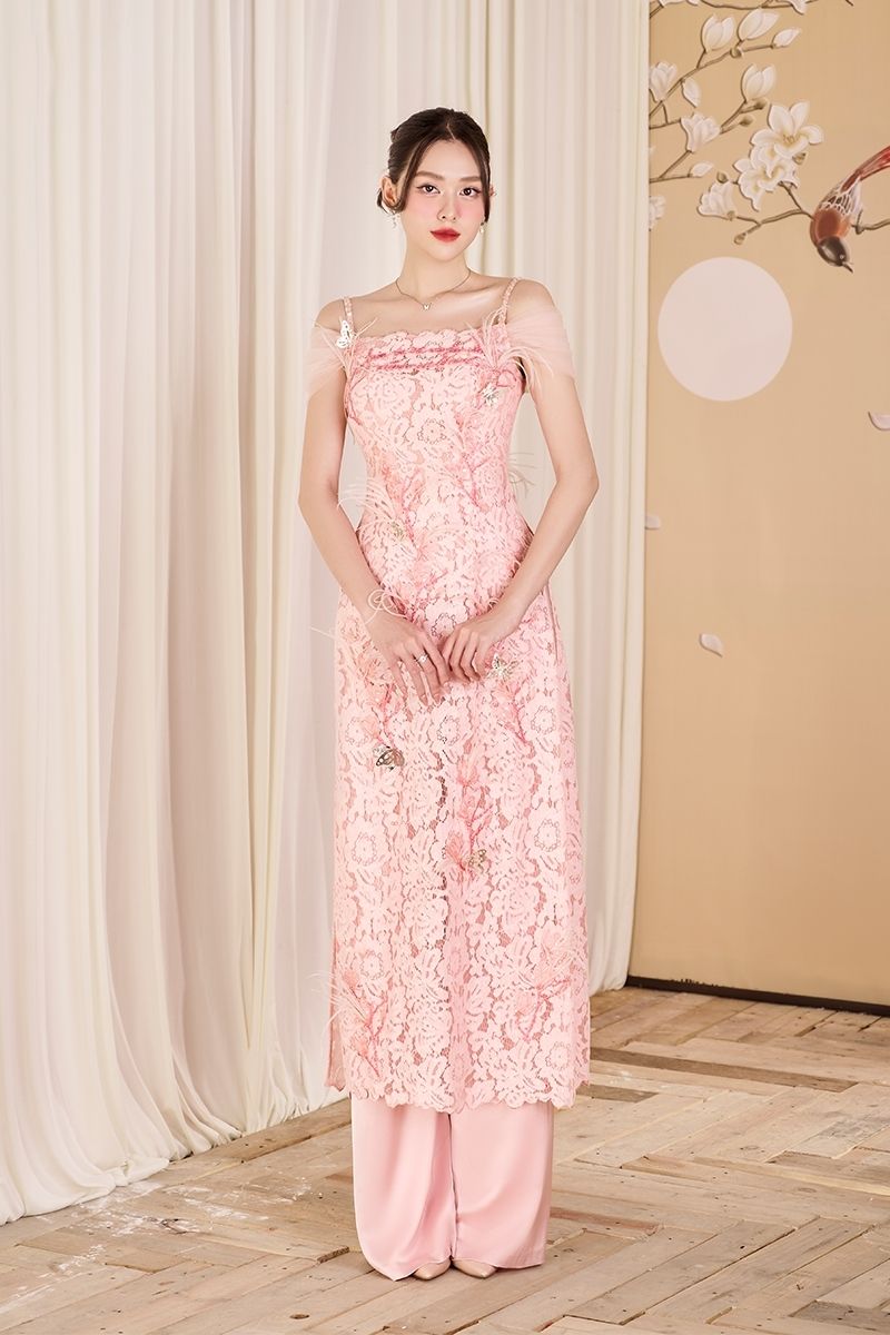 PINK LACE AO DAI CO-ORD WITH FEATHERS
