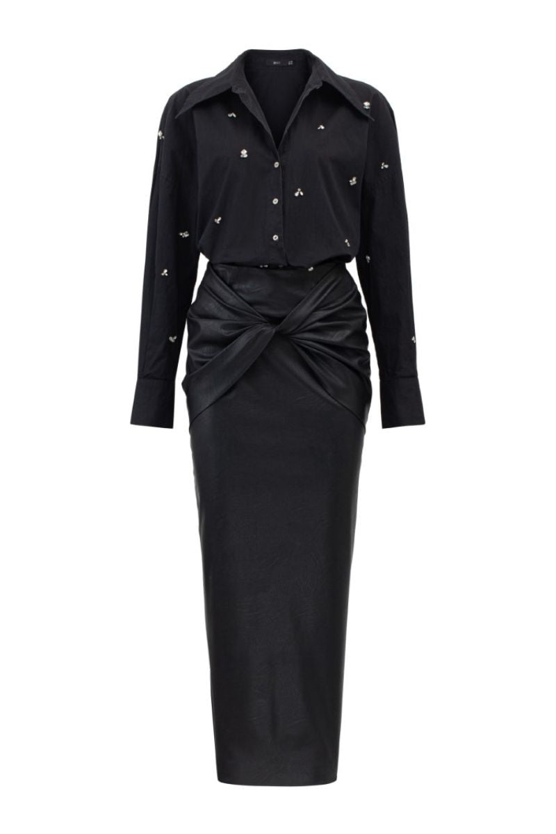 DESI BLACK RAW CRYSTAL SHIRT AND MIDI SKIRT