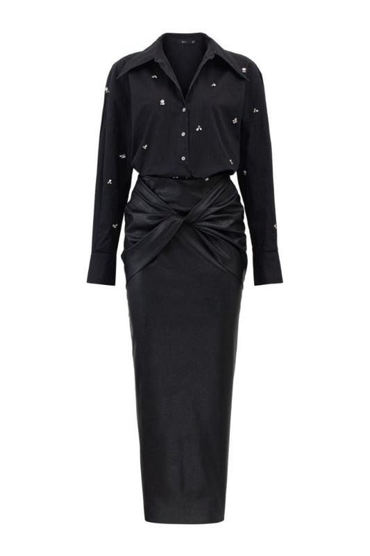 DESI BLACK RAW CRYSTAL SHIRT AND MIDI SKIRT