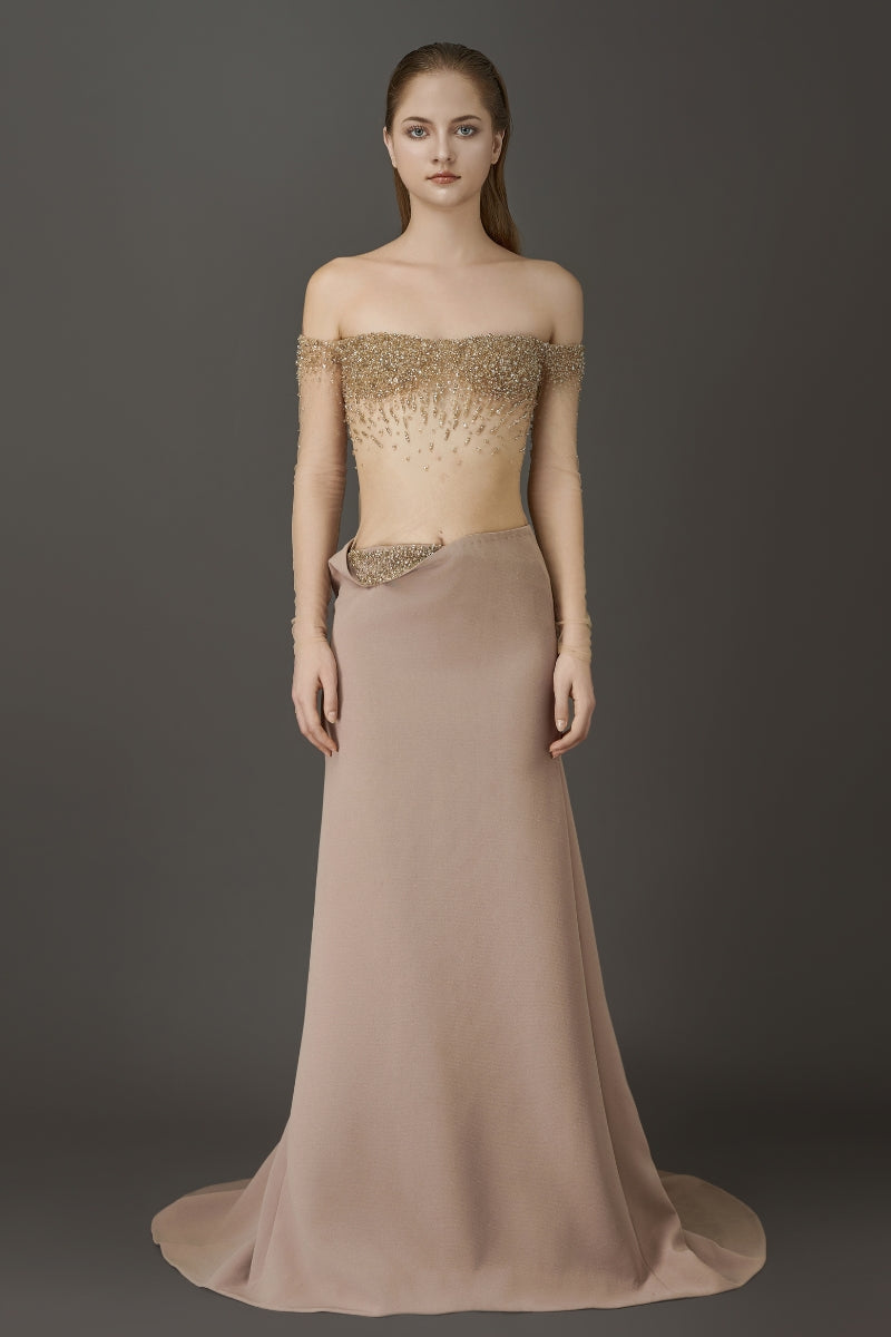ELEGANT SHEER LONG DRESS WITH EMBROIDERED