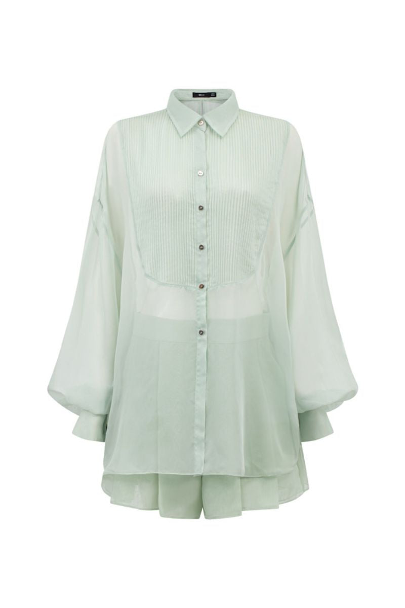 MELITA MINT SILK PLEATED SHIRT AND SHORTS SET