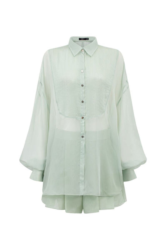 MELITA MINT SILK PLEATED SHIRT AND SHORTS SET