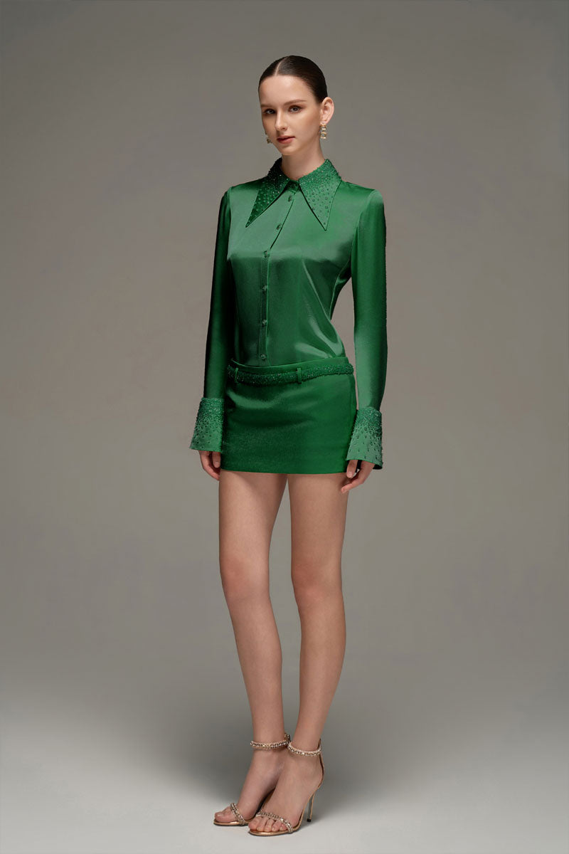 SATIN SHIRT AND SKIRT SET IN DARK GREEN