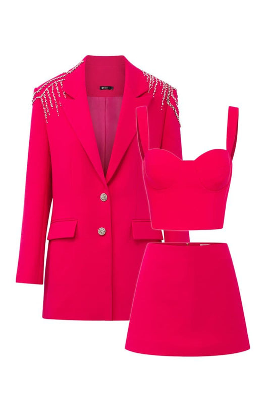 STEPHANIE PINK TEXTURE STRAIGHT CRYSTAL BLAZER SET